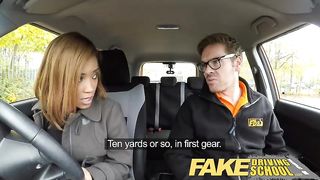 Ebony babe is fucking her driving teacher, because she has hots for him, for a while