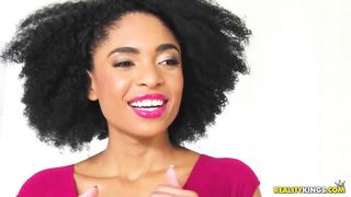 Small titted, ebony brunette and a white guy from her neighborhood are fucking like two wild animals