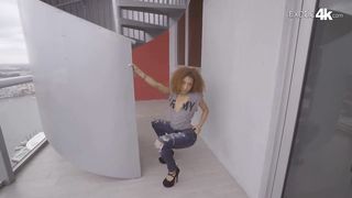 Gorgeous, ebony babe with curly hair, Kendall likes to fuck her best friend, in his apartment