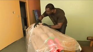 Ebony babe in red shoes with high heels is having sex with a horny, black guy