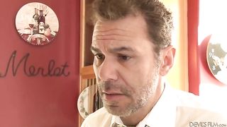 Racy ebony babe and a white man are fucking in the kitchen, while no one else is not watching