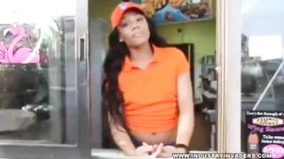 Black babe is sucking a thick dick instead of doing her job, because she is horny