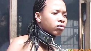 Hardcore ebony thrall leashed like a pet and spanked hard