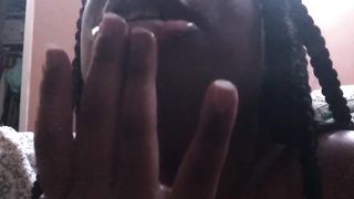 Black Teen Rubs Squirting Moist Vagina and Drools on Large Breasts