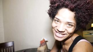 Ravishing, black babe with green eyes is cheating on her boyfriend with his best friend