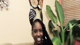 Busty black babe with very long hair and her friend are sharing a huge dick