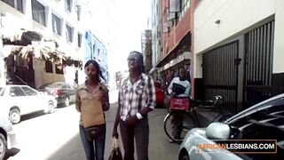 AFRO LESBIAN BABES - Youthful lesbos eating twat to climax in public bath