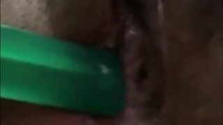 Shy ebony teen using hairbrush to masturbate the first time