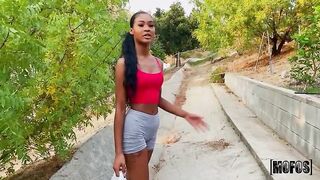 Tiny, Black chick is in the mood to suck a white shlong and get screwed hard